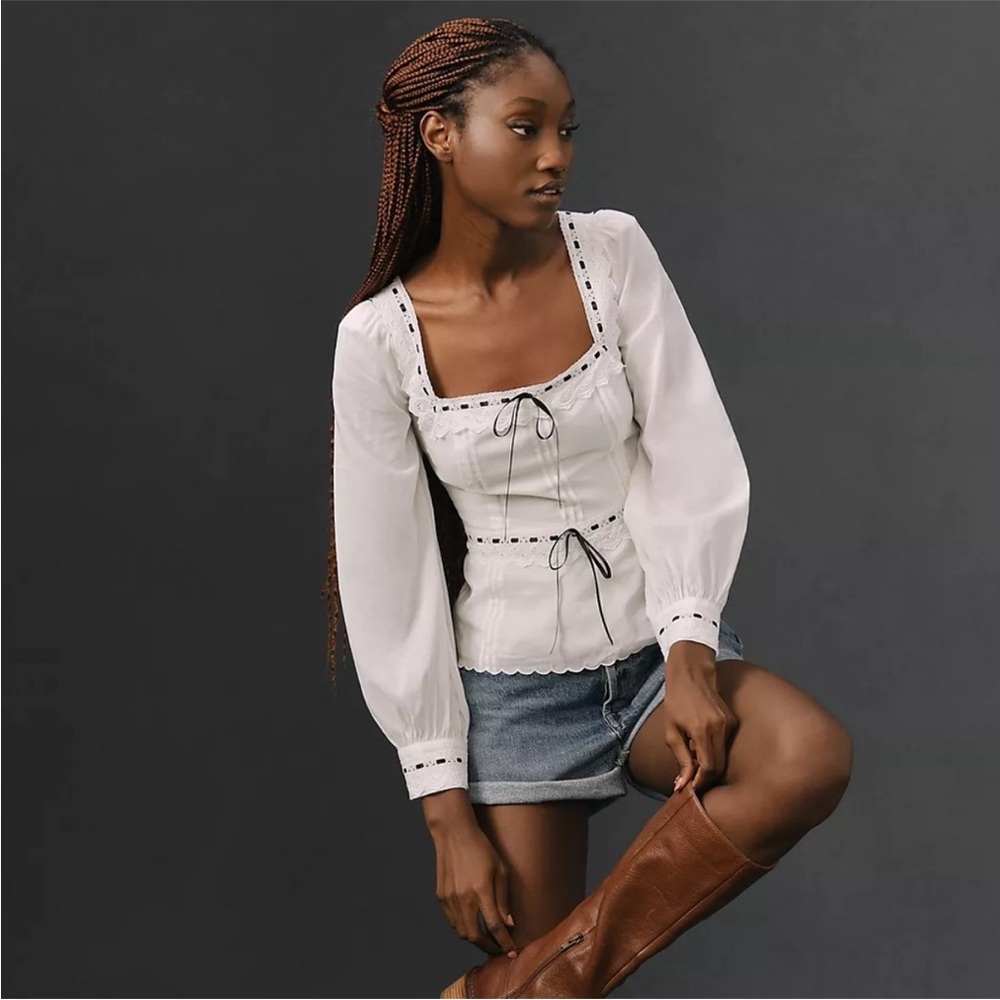 Reformation White Peasant-Sleeve Square-Neck Blouse
